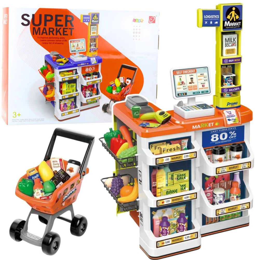Lean Toys Vaikų parduotuvės žaidimų rinkinys su kasa ir vežimėliu