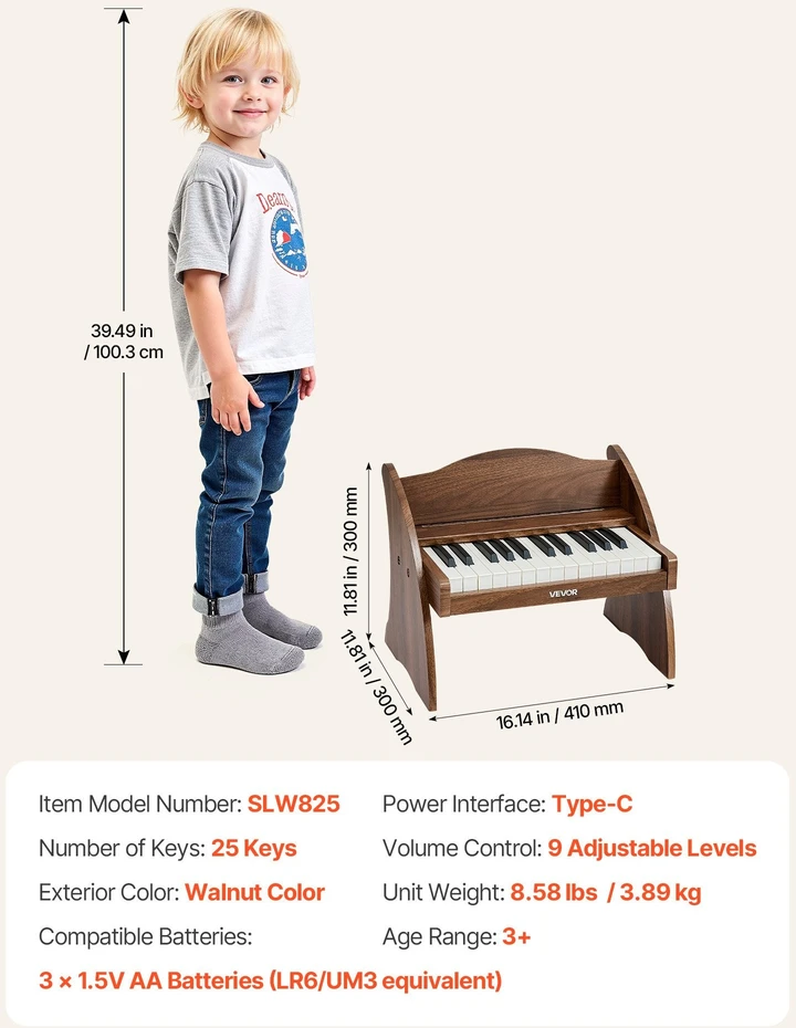 Vevor Medinis skaitmeninis pianinas vaikams, 25 klavišai