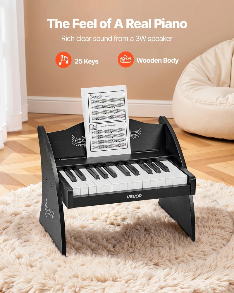 Vevor Medinis skaitmeninis pianinas vaikams, 25 klavišai, juodas