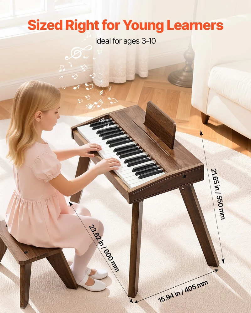 VEVOR Vaikiškas medinis skaitmeninis pianinas edukacinis muzikos instrumentas, 37 klavišų nešiojama klaviatūra su garso valdymu, riešutmedžio apdaila, dvigubos maitinimo parinktys