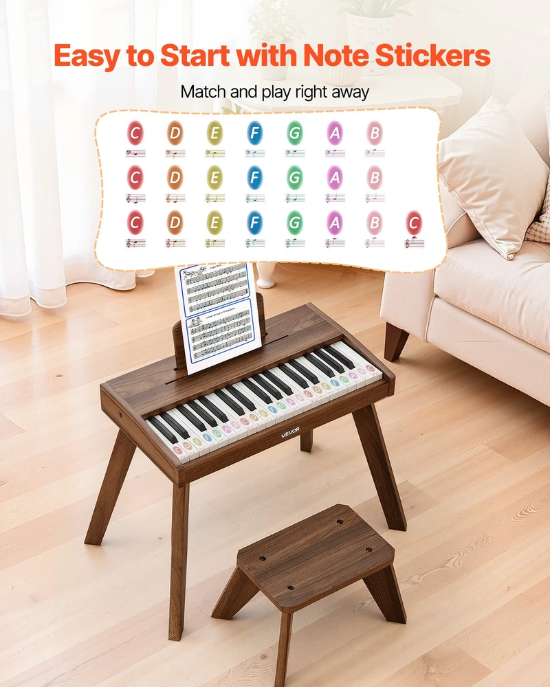 VEVOR Vaikiškas medinis skaitmeninis pianinas edukacinis muzikos instrumentas, 37 klavišų nešiojama klaviatūra su garso valdymu, riešutmedžio apdaila, dvigubos maitinimo parinktys