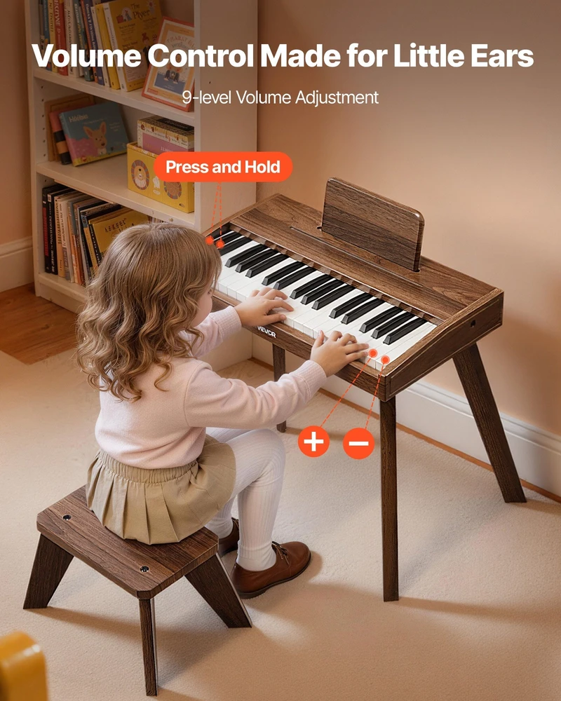 VEVOR Vaikiškas medinis skaitmeninis pianinas edukacinis muzikos instrumentas, 37 klavišų nešiojama klaviatūra su garso valdymu, riešutmedžio apdaila, dvigubos maitinimo parinktys