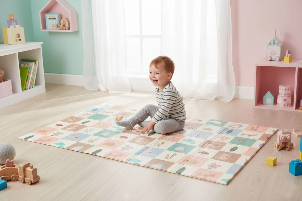 Vaikiškas sulankstomas dvipusis edukacinis putplasčio kilimėlis 200x150 cm + IPLAY krepšys