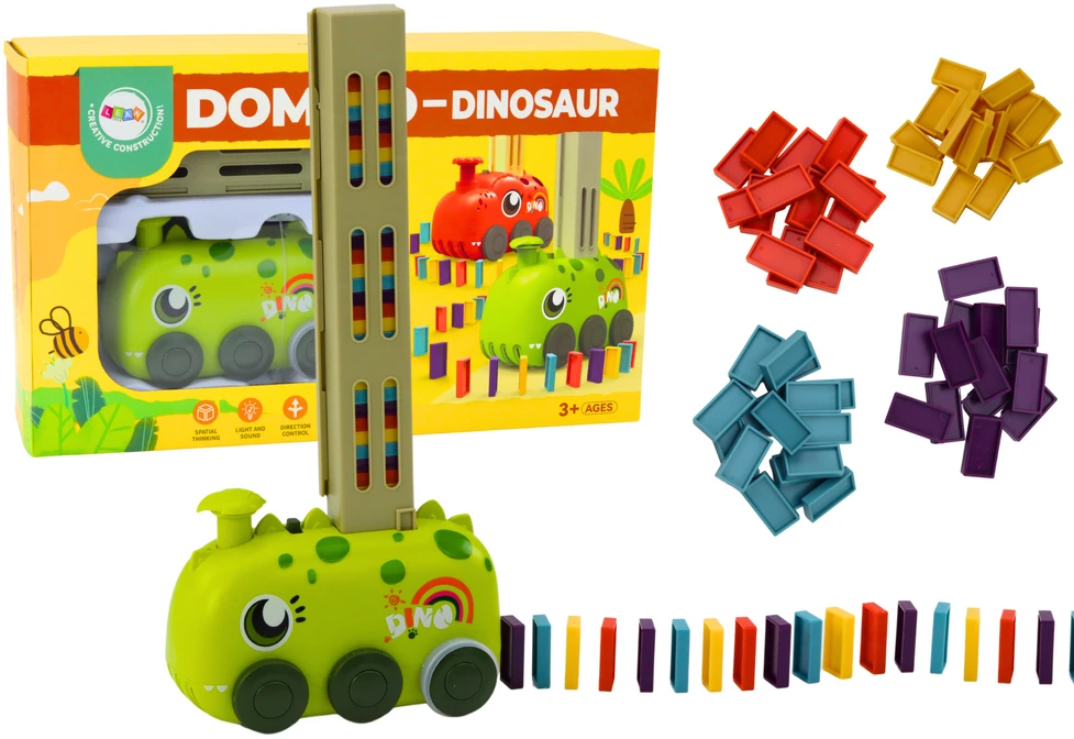 Lean Toys Žalias baterijomis veikiantis dinozaurų automobilis su domino kaladėlėmis
