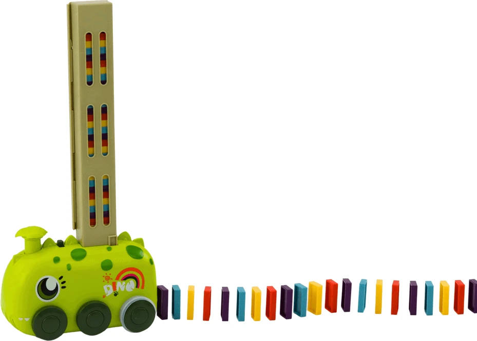 Lean Toys Žalias baterijomis veikiantis dinozaurų automobilis su domino kaladėlėmis