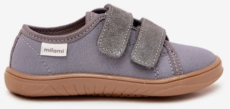Vaikiški pilki barefoot bateliai su lipukais Milami