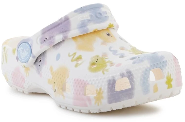 Vaikiškos klumpės su varlių, šunų, kačių ir triušių motyvais Crocs, kreidos spalvos