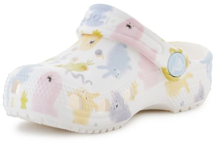 Vaikiškos klumpės su varlių, šunų, kačių ir triušių motyvais Crocs, kreidos spalvos