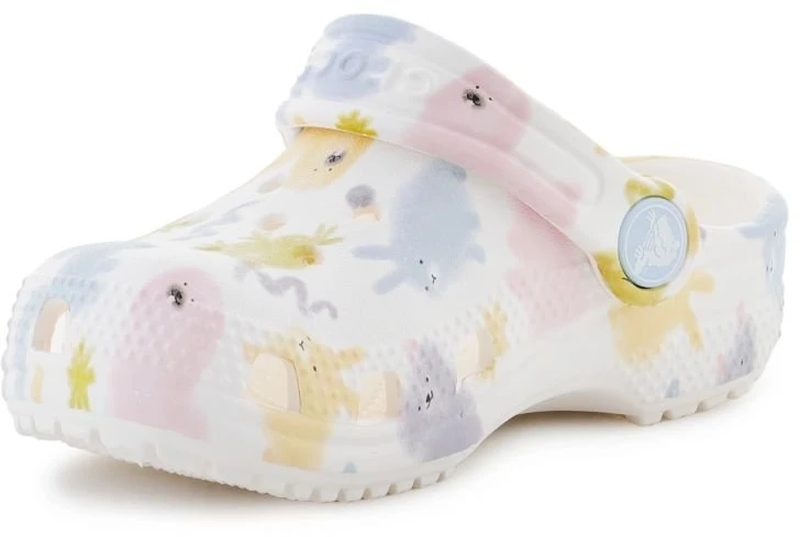 Vaikiškos klumpės su varlių, šunų, kačių ir triušių motyvais Crocs, kreidos spalvos