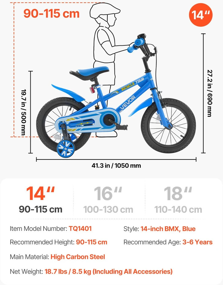 VEVOR Vaikiškas 35,56 cm BMX dviratis 3-6 metų vaikams