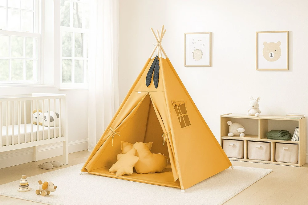 Vaikų tipis Mini Set su kilimėliu ir dekoratyvinėmis plunksnomis, medaus geltonumo