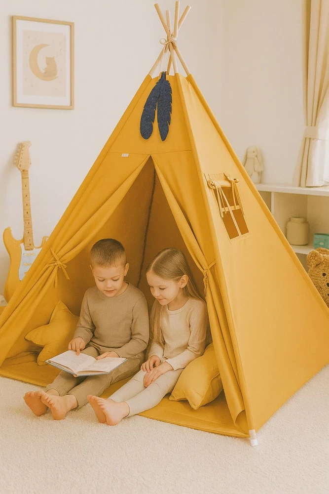 Vaikų tipis Mini Set su kilimėliu ir dekoratyvinėmis plunksnomis, medaus geltonumo