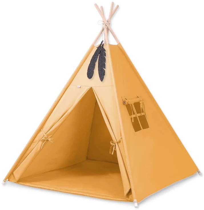 Vaikų tipis Mini Set su kilimėliu ir dekoratyvinėmis plunksnomis, medaus geltonumo