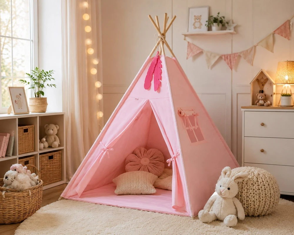 Vaikų tipis su dekoratyvinėmis plunksnomis, rožinis