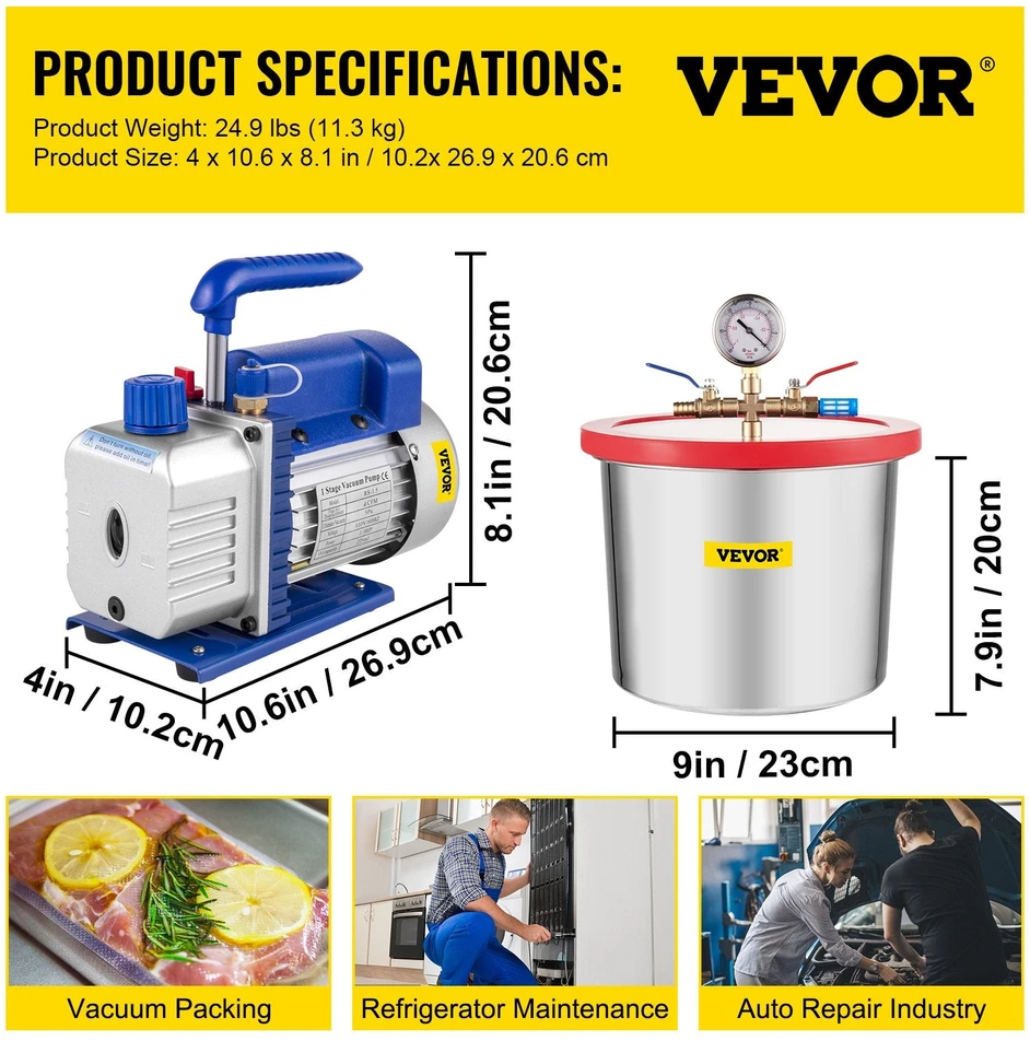 VEVOR 2 galonų vakuuminė kamera su silikono epoksidinėmis dujomis 4CFM 1\/3HP siurblys