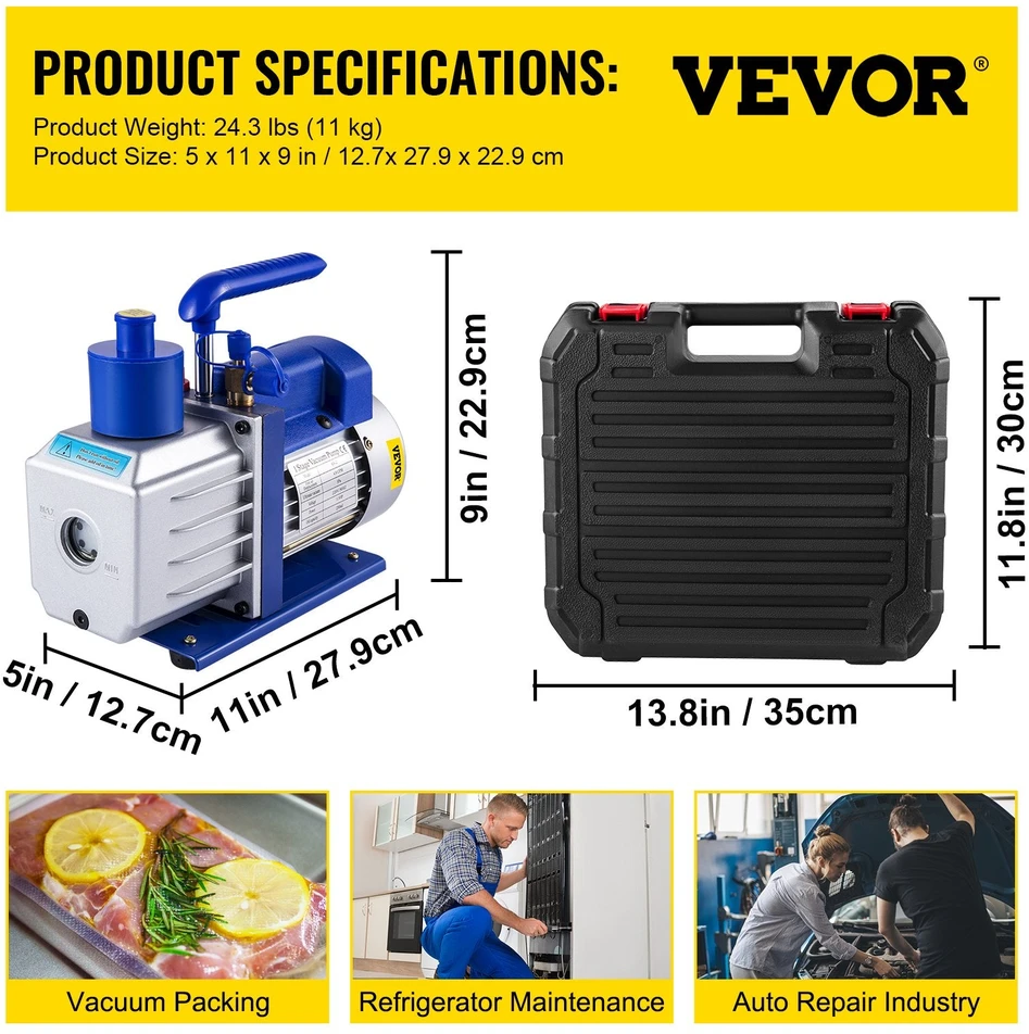VEVOR 4.8 CFM vakuumo siurblys šaldymo sistemai su manometru