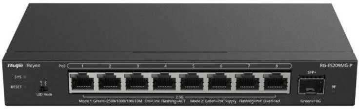 Šakotuvas Ruijie Networks RG-ES209MG-P tinklo komutatorius Valdomas L2 2.5G Ethernet (100/1000/2500) Maitinimas per Eternetą (PoE) Juoda