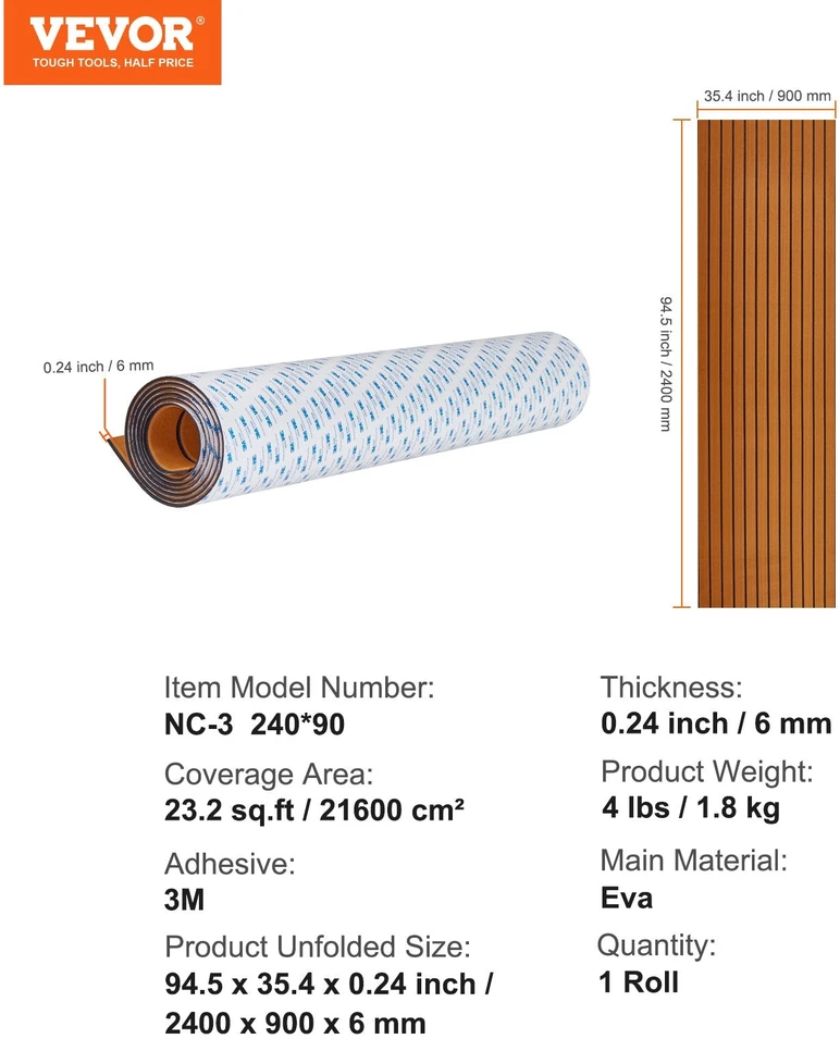 VEVOR Laivo grindys iš EVA putplasčio, 240 x 90 cm