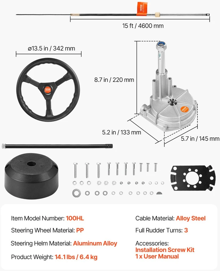 VEVOR 15 pėdų (≈4,57 m) rotacinis vairo rinkinys su 34 cm vairu ir 19 mm konuso veleno sistema