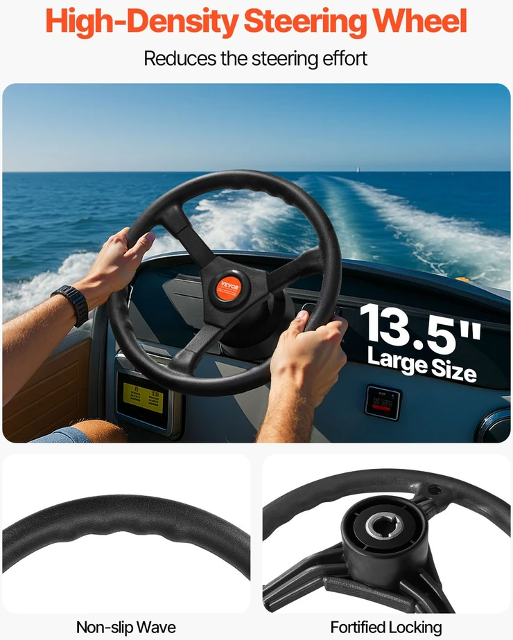 VEVOR 16 pėdų (≈4,88 m) rotacinis vairo rinkinys valčiai su 34 cm vairu ir 19 mm konuso veleno sistema