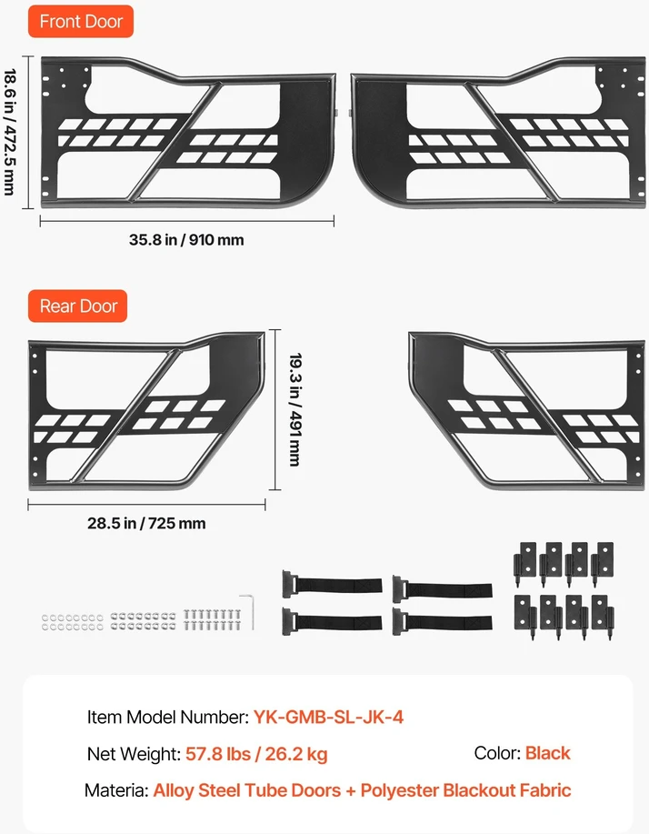 Vamzdinės durys VEVOR Jeep Wrangler JK JKU (2007-2018), 4 durų komplektas