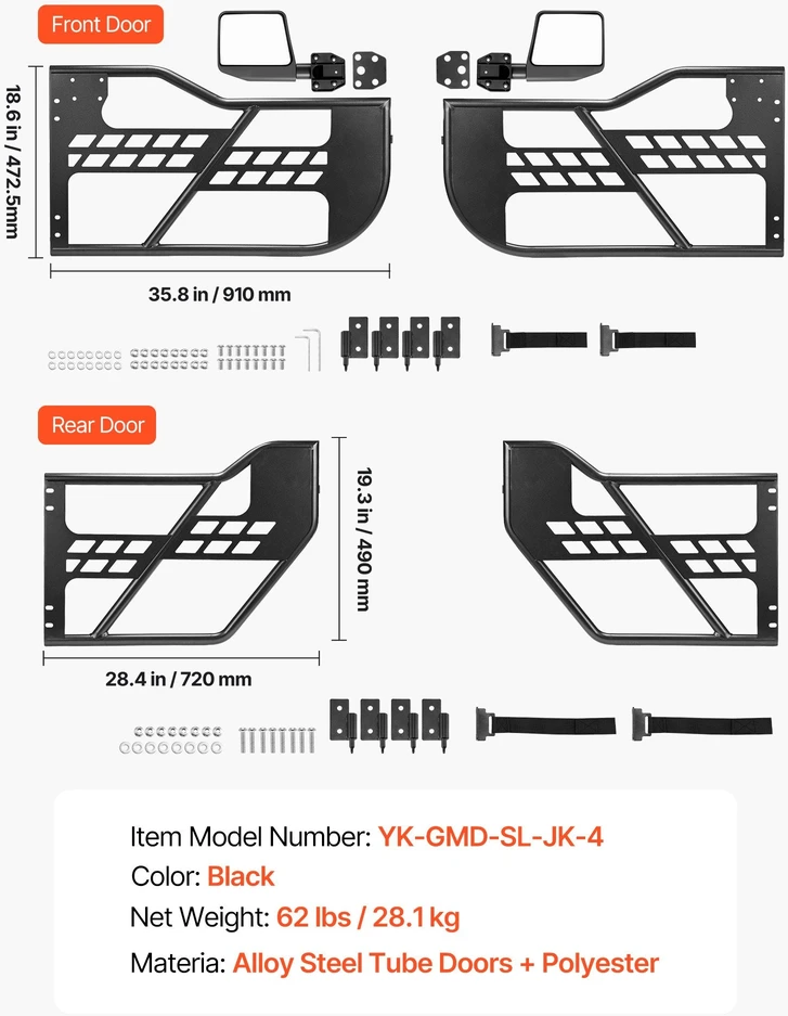Vamzdinės durys visureigiui VEVOR Jeep Wrangler JK JKU (2007-2018), 4 durų komplektas