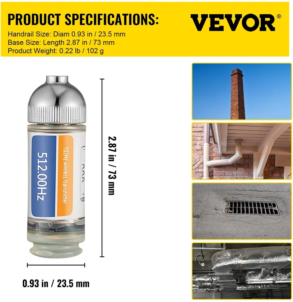 VEVOR 512Hz zondas 8/5" ir 1/4-20" jungtys, drenažo lokatorius mažiems vamzdžiams, sidabrinis
