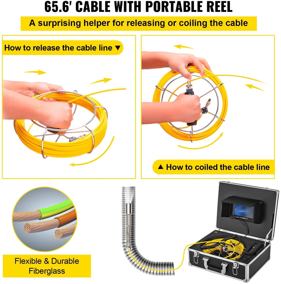 VEVOR 20 metrų vamzdynų tikrinimo kamera su 9 colių monitoriumi