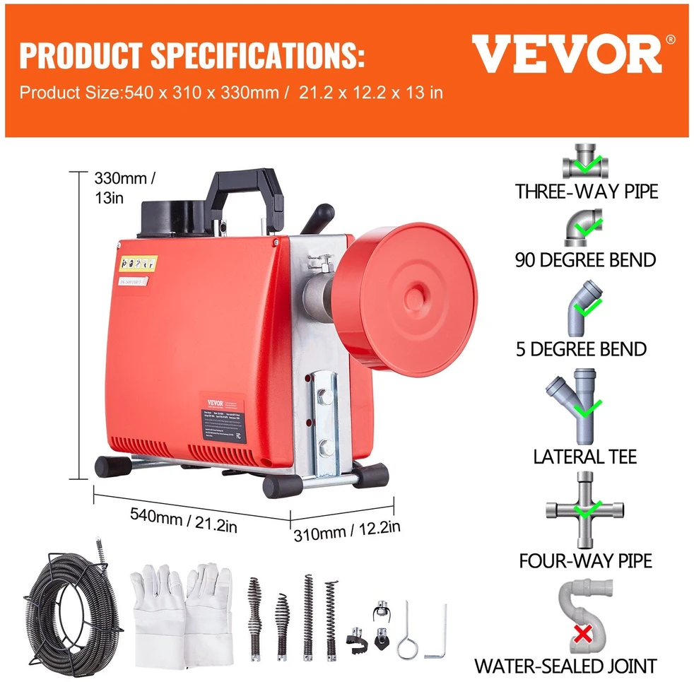 Vevor Kanalizacijos valymo mašina 20m x 16mm 250W
