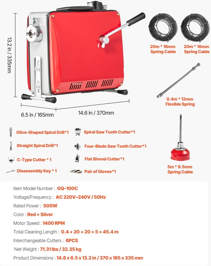 Vevor Vamzdžių valymo mašina, 500W 1400RPM