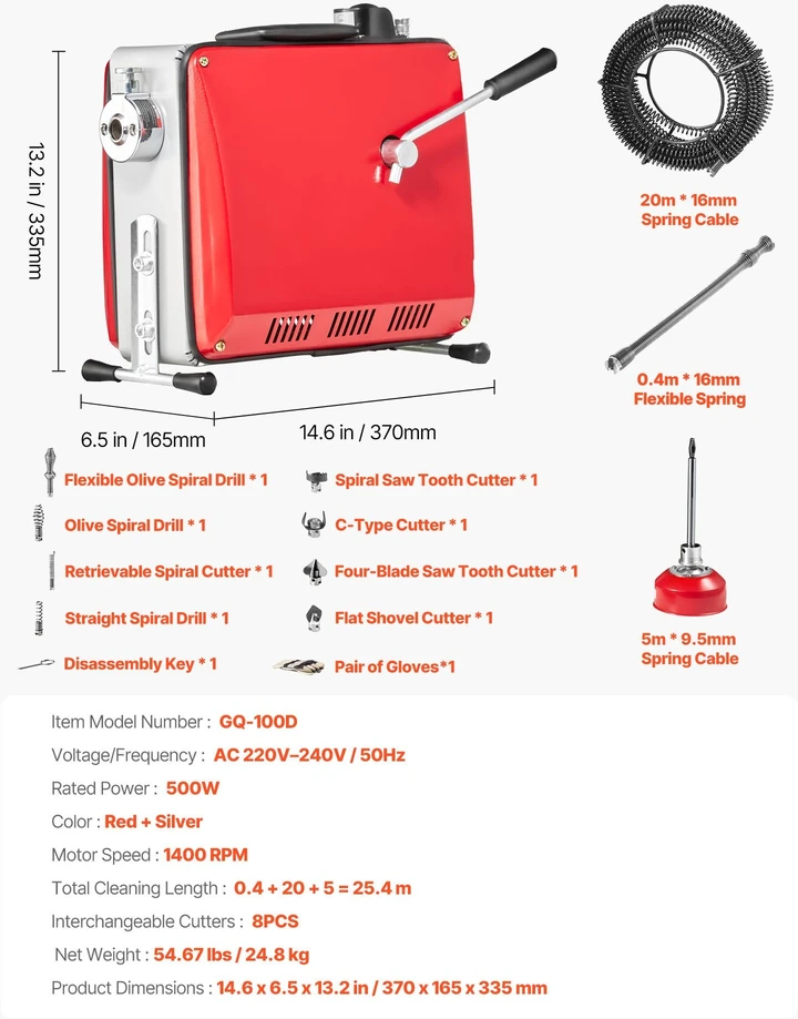 Vevor Elektrinė vamzdžių valymo mašina, 500W, 1400RPM