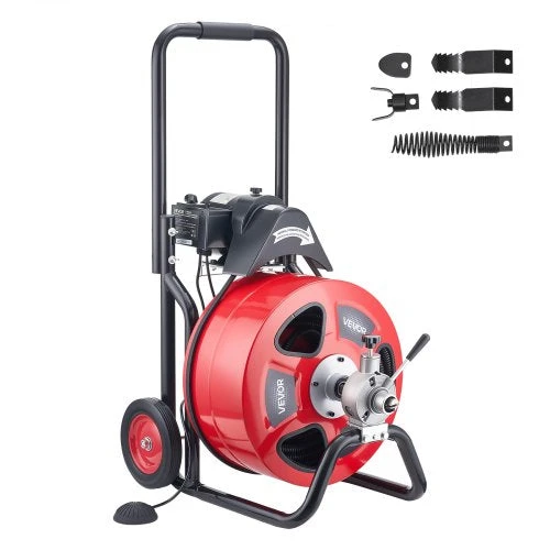 VEVOR Kanalizacijos vamzdžių valymo mašina 30m x 19mm, automatinis tiektuvas, su ratais