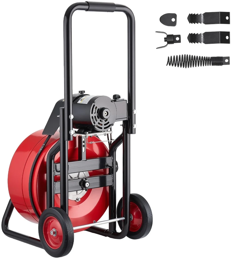 VEVOR Kanalizacijos vamzdžių valymo mašina 30m x 19mm, automatinis tiektuvas, su ratais