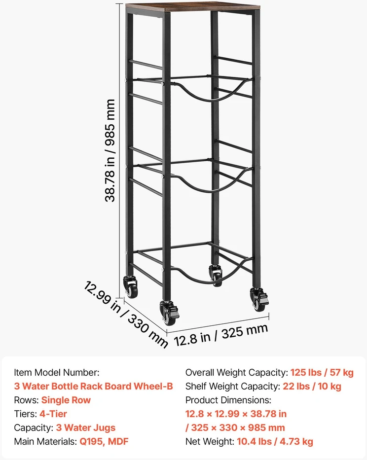 Vandens butelių laikiklis VEVOR 3 Vanduo Bottle Rack Board Wheel-B, 4 aukštų