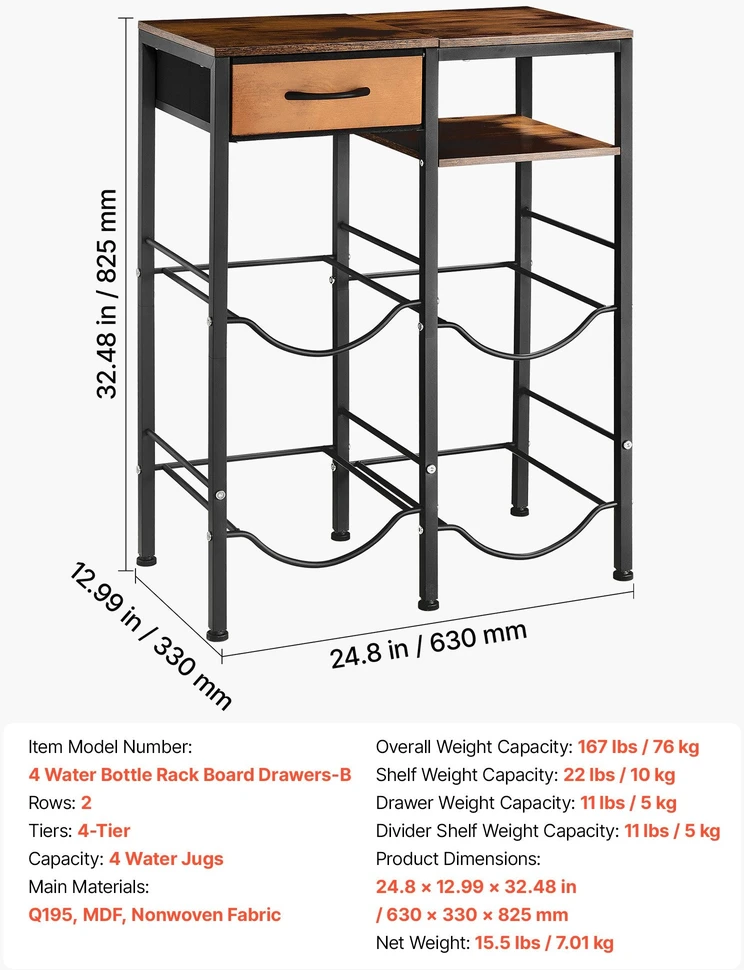 Vandens butelių laikiklis VEVOR 4 Vanduo Bottle Rack Board Drawers-B, 4 buteliams