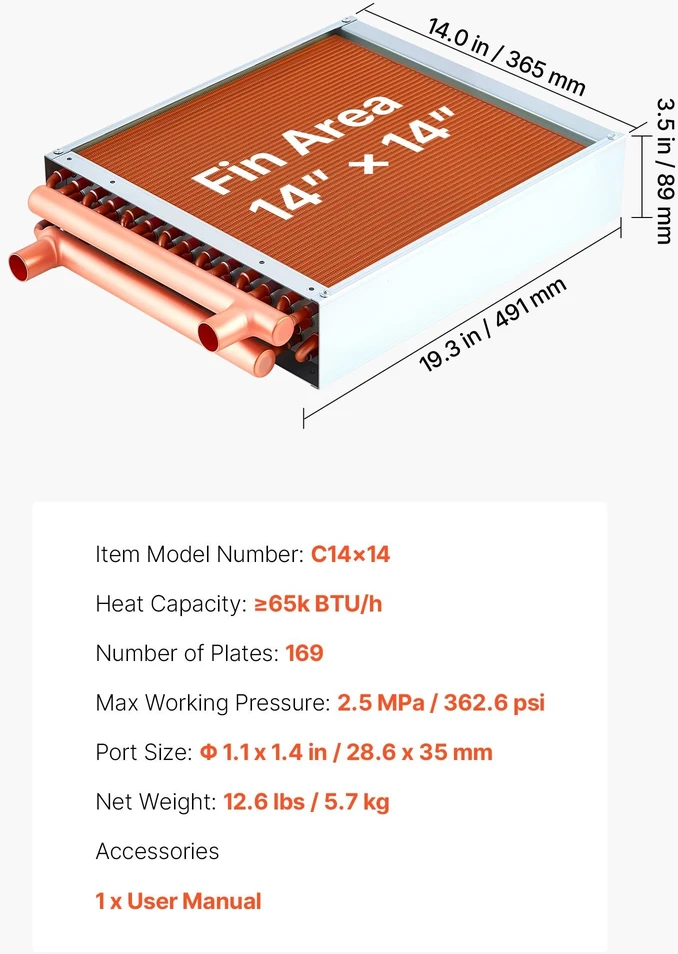 Vandens-oro šilumokaitis VEVOR C14x14, 65 000 BTU
