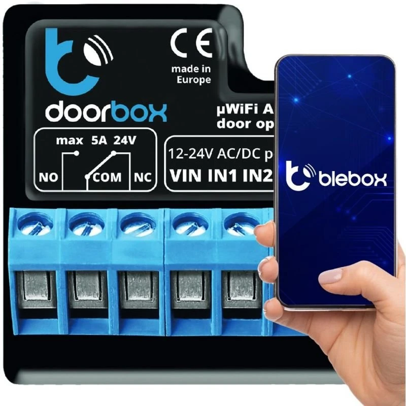 Blebox DoorBox išmanus wifi durų ir praėjimo kontroleris 12-24V AC / DC valdomas programėle ar jungikliu