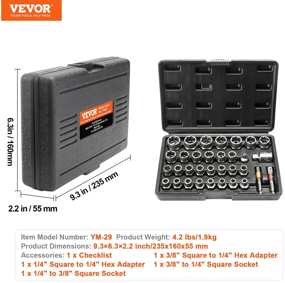 VEVOR 29 dalių varžtų ištraukiklių rinkinys