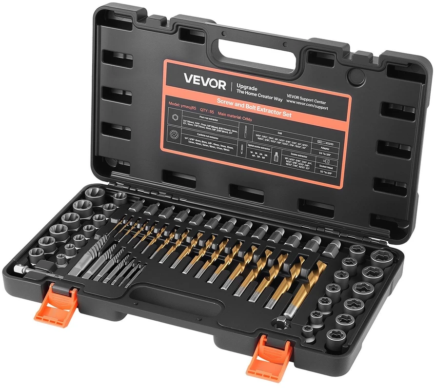 VEVOR 65 dalių varžtų išsukėjų ir grąžtų rinkinys, Cr-Mo plieno varžtų išėmimo komplektas su adapteriais ir dėklu, sulūžusių detalių išsukimo įrankiai, profesionalus serviso rinkinys