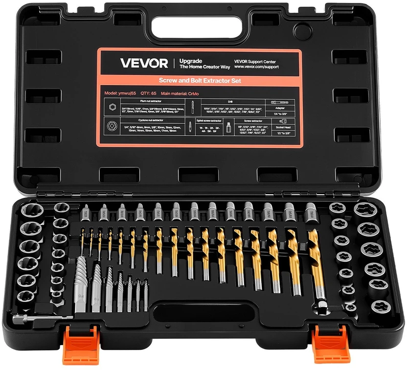 VEVOR 65 dalių varžtų išsukėjų ir grąžtų rinkinys, Cr-Mo plieno varžtų išėmimo komplektas su adapteriais ir dėklu, sulūžusių detalių išsukimo įrankiai, profesionalus serviso rinkinys