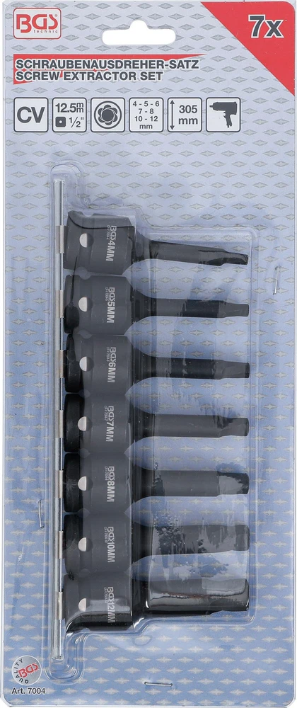 VARŽTŲ IŠTRAUKIMO RINKINYS | 12,5 MM (1/2") SUKIMUI | PAŽEISTIEMS VIDINIAMS ŠEŠIAKAMPIAMS 4–12 MM | 7 VNT. (7004)
