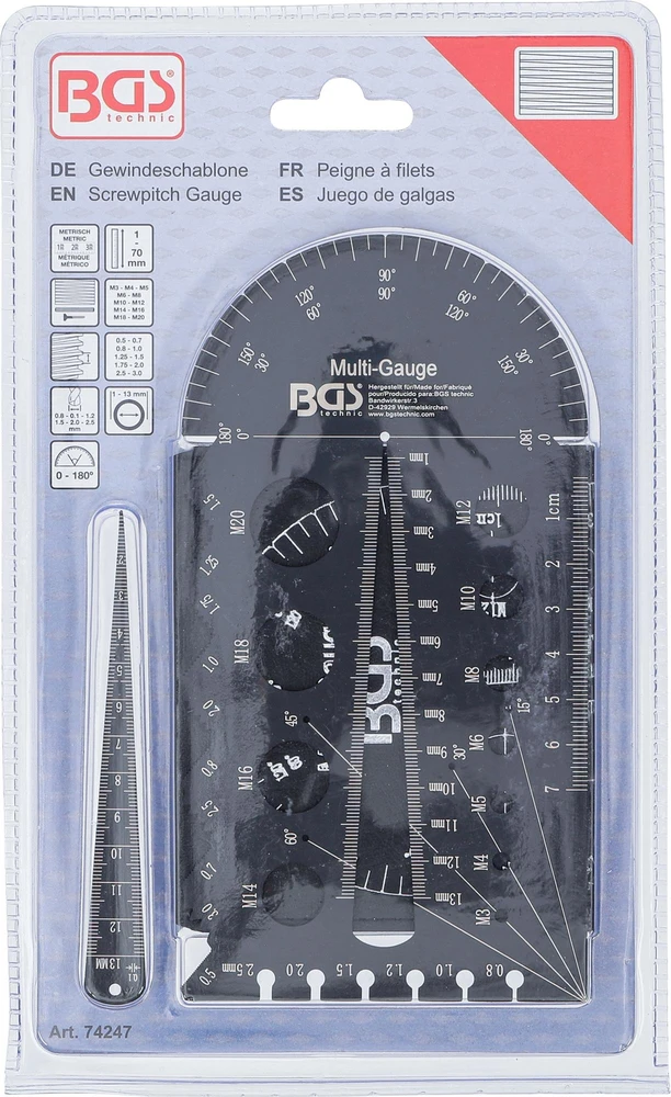 VARŽTŲ ŽINGSNIO MATUOKLIS IR SRIEGIO ŠABLONAS | METRINIS | M3–M20, 0,5–13,00 MM (74247)