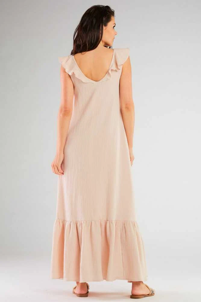 Vasarinė rausva ilga suknelė be rankovių su raukiniais Infinite You