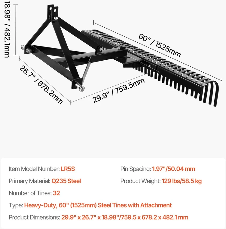 VEVOR Traktoriaus velkamas vejasravis 152,5 cm