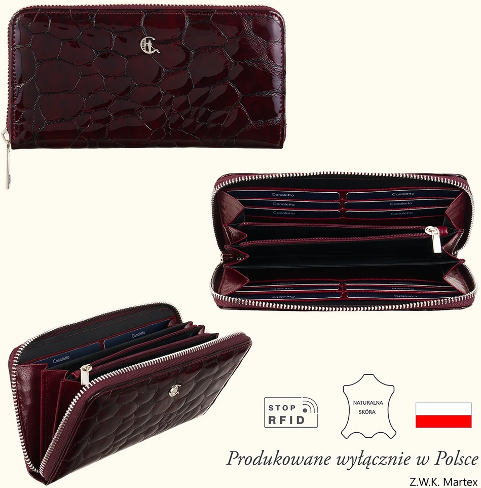 VELIA Skórzany portfel damski bordo lakierowany RFID Canaletto