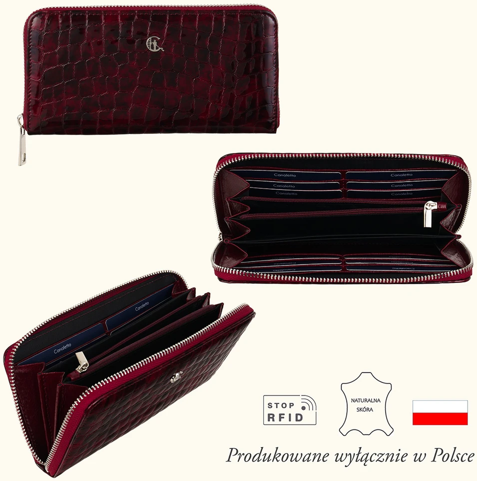 VELIA Skórzany portfel damski bordo lakierowany RFID Canaletto