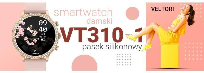 VELTORI VT310-1 Išmanusis laikrodis moterims Auksinė apyrankė + Rožinis silikoninis dirželis