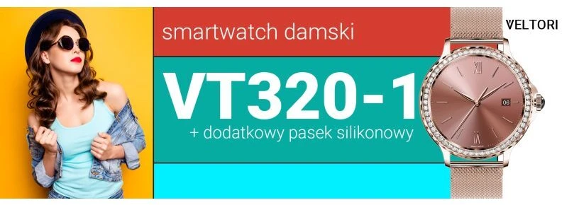 VELTORI VT320-1 Moterims skirtas išmanusis laikrodis su auksiniu apyrankės stiliumi ir rožiniu silikoniniu dirželiu