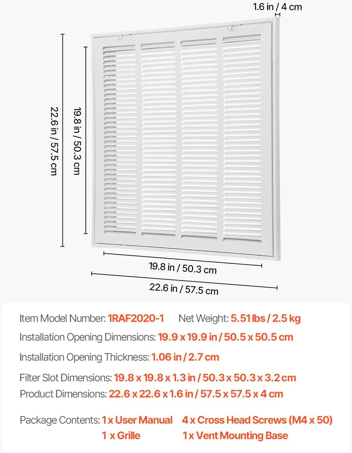 VEVOR Oro filtro grilis W20 x H20