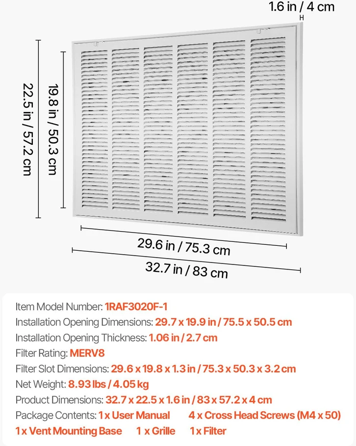 Vevor Oro filtras grotelės su W30 x H20 cm anga